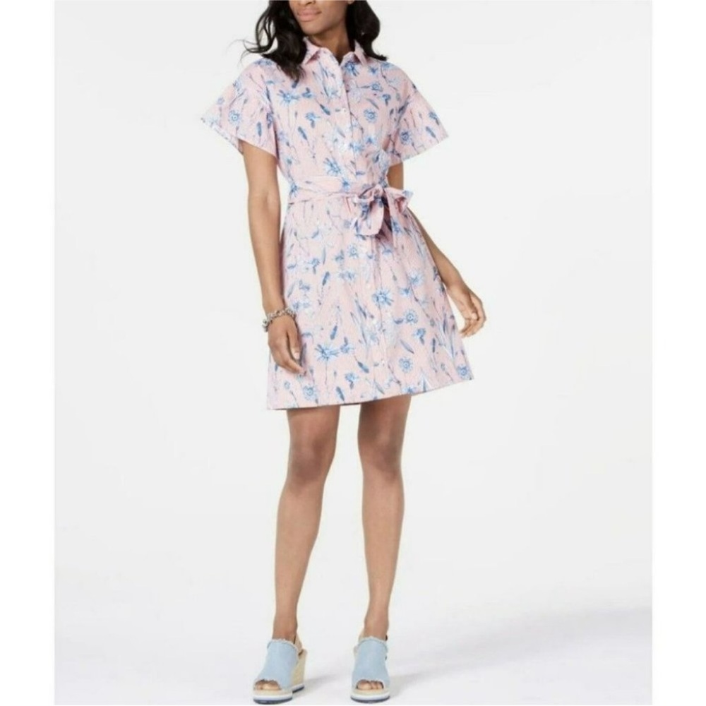 TOMMY HILFIGER Womens Floral Pinstripe Shirt Dress 10 red white blue